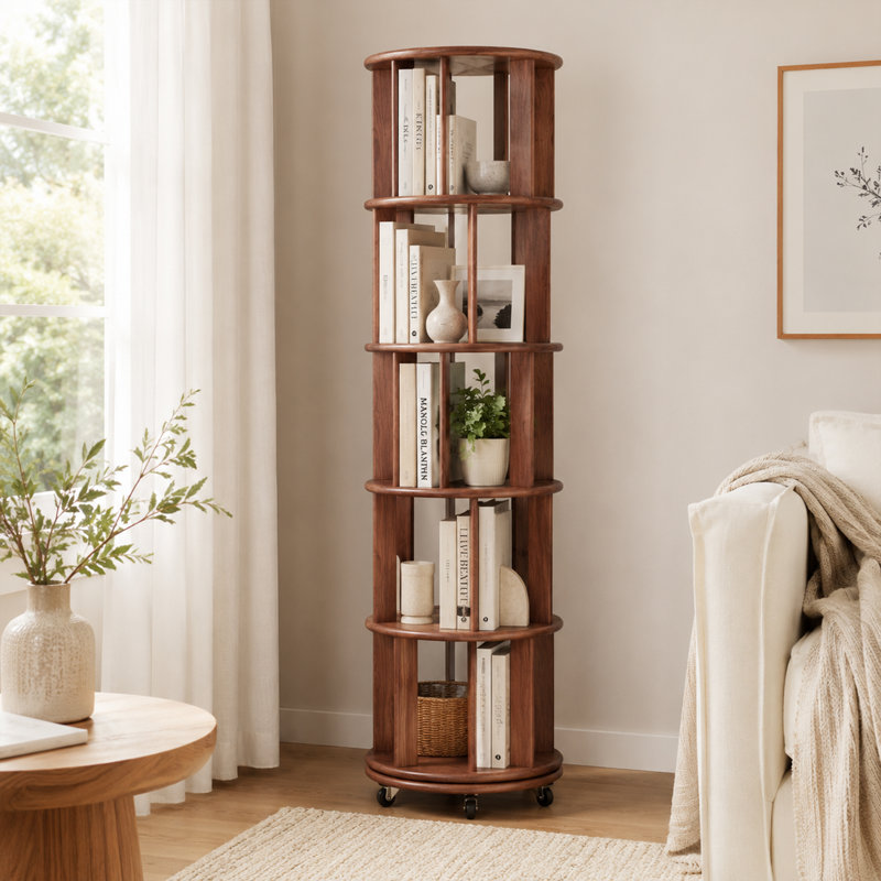  Modern Solid Wood 5 Tier Rotating Rolling Bookcase for Small Spaces