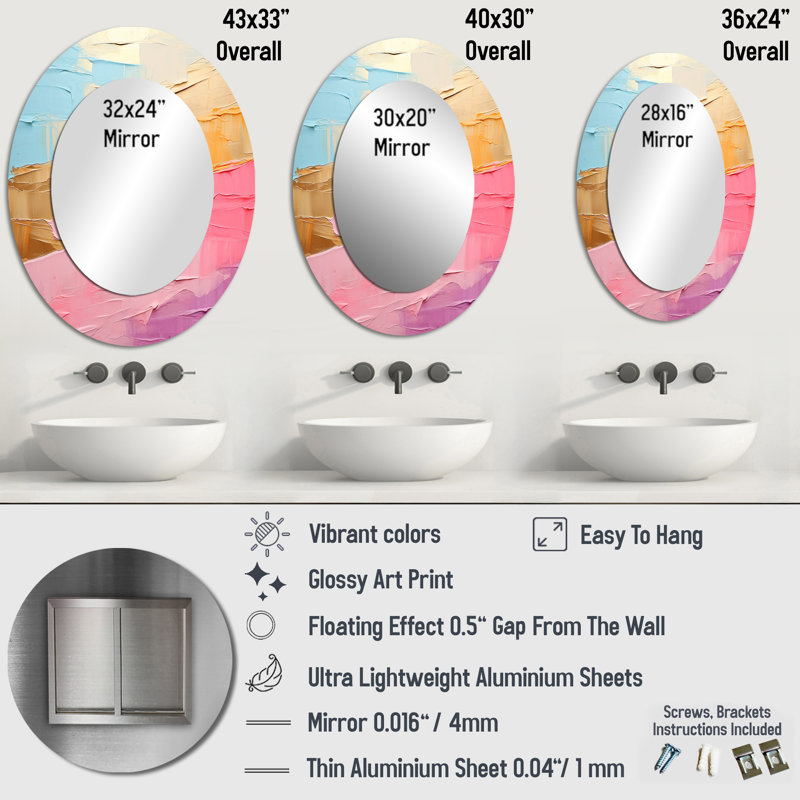 Minimalisme chassant les arcs-en-ciel I - Miroir décoratif ovale sur métal, H 36 po x l 24 po