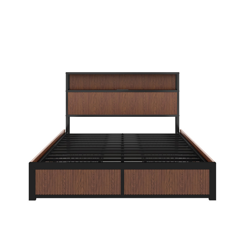Large Raised-Pattern Storage Bed Frame, Wooden Platform Bed Frame With Multiple Drawer Storage Function, Bedside Socket, Brown Wood (Queen)