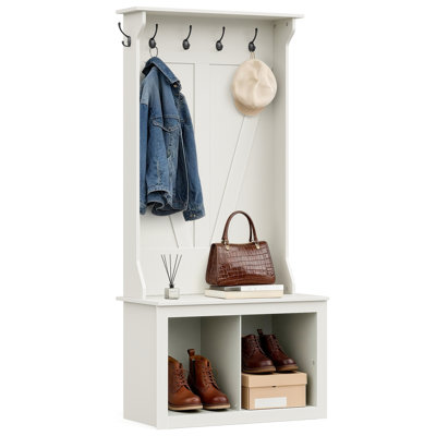 3-in-1 Coat Rack with Shoe Storage Bench, Hall Tree with 6 Hooks and 2-Tier Storage Shelf