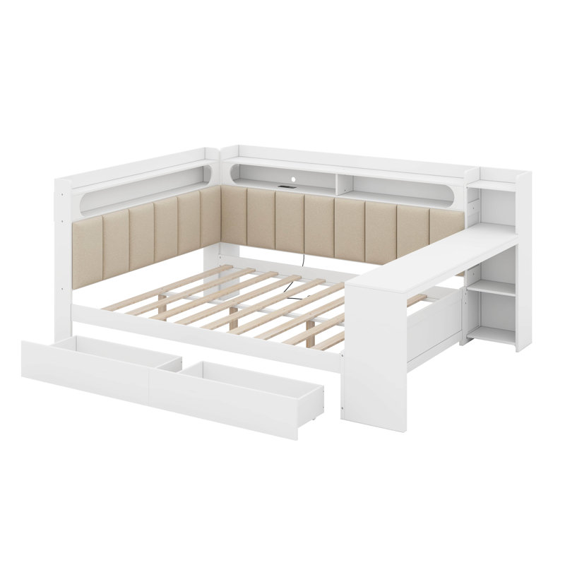 Lit de jour double avec tiroirs de rangement et bureau, lit d'angle en forme de L avec bibliothèque à DEL, Blanc