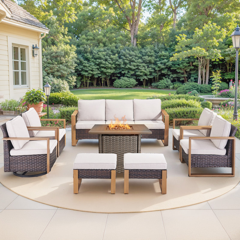 Palomares 8-Piece Outdoor Conversation Set With Swivel Gliders And Square Fire Pit Table, 9-Person Wicker Patio Seating With Armchairs