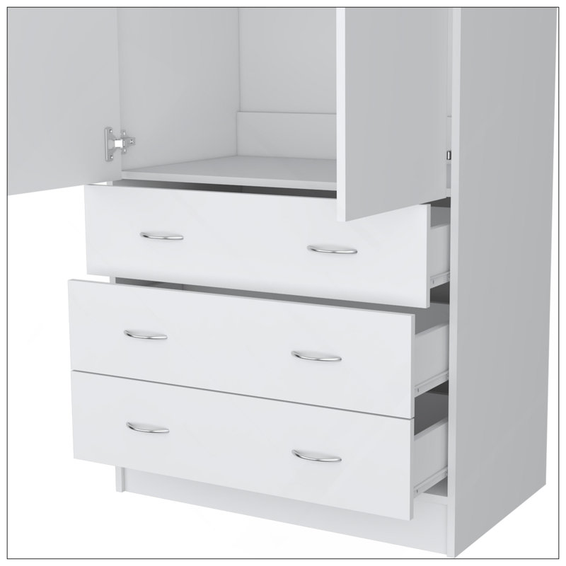 Armoire Prescott, avec 2 portes, 3 tiroirs et 1 tringle, Blanc