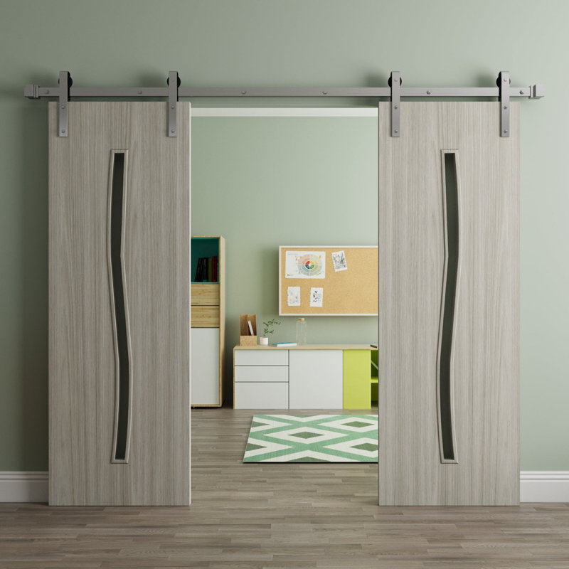 Porte de grange double moderne - ESSENTIEL 8002 - Ensemble de rail 14 pi - Portes intérieures à panneau plein, Chêne Franko