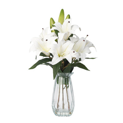 Faux Lily Flowers with Vase, 6 Heads Full Bloom Lily & 3 Buds for Home Hotel