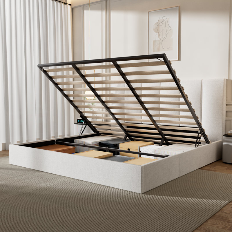 Lit plateforme tapissier rembourré en lin avec rangement relevable et support de lattes renforcé, KIng, Blanc pur