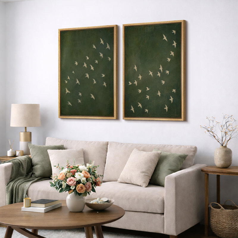 Illustration d'oiseau volant vert olive, images de salon, impression sur toile encadrée, 2 pièces, 36" H x 48" W x 1.5" D