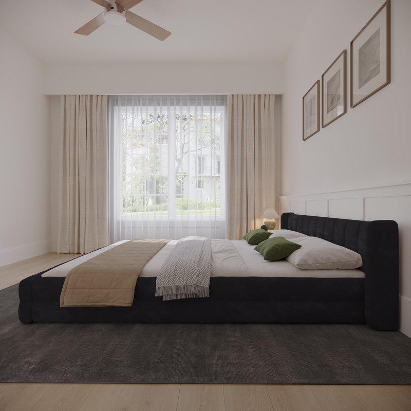 Base de lit tapissier Chenille, lit plateforme avec tête de lit à oreilles, Gris foncé, Très grand