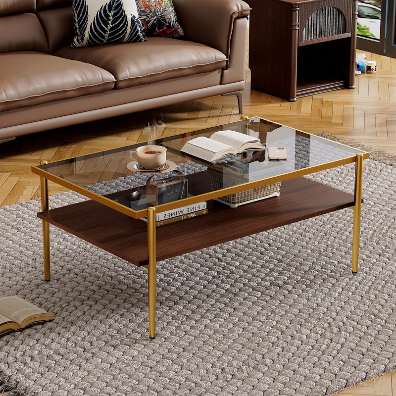Table basse 38 po rectangulaire moderne avec plateau en verre trempé et tablette de rangement à 2 niveaux, Doré