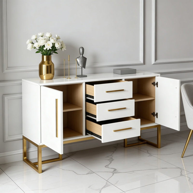 Armoire d'appoint avec rangement de style luxueux, H 33,46 po x l 47,24 po x P 15,75 po, Doré / Blanc