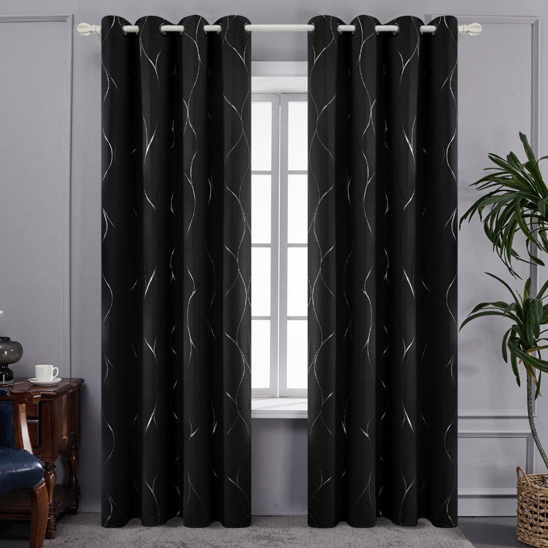 Seligman Wave Foil Printed Room Darkening Thermal Curtains, Black, Width 168 x Drop 138 cm