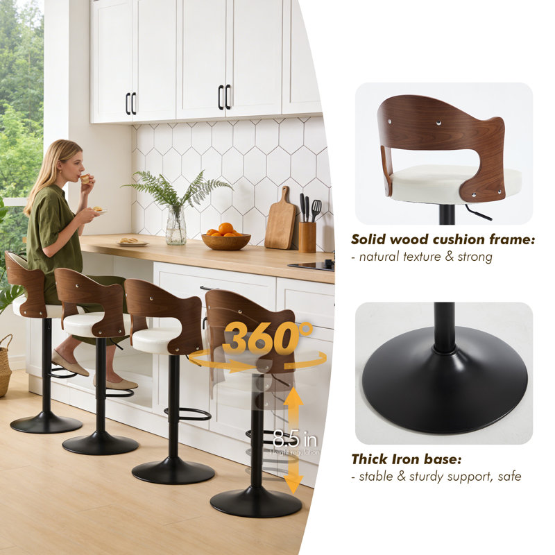 Modern Swivel Bar Stools Set Of 4, Wooden Upholstered Pu Leather Barstools With Back & Footrest, Counter Height Bar Chairs For Kitchen Island