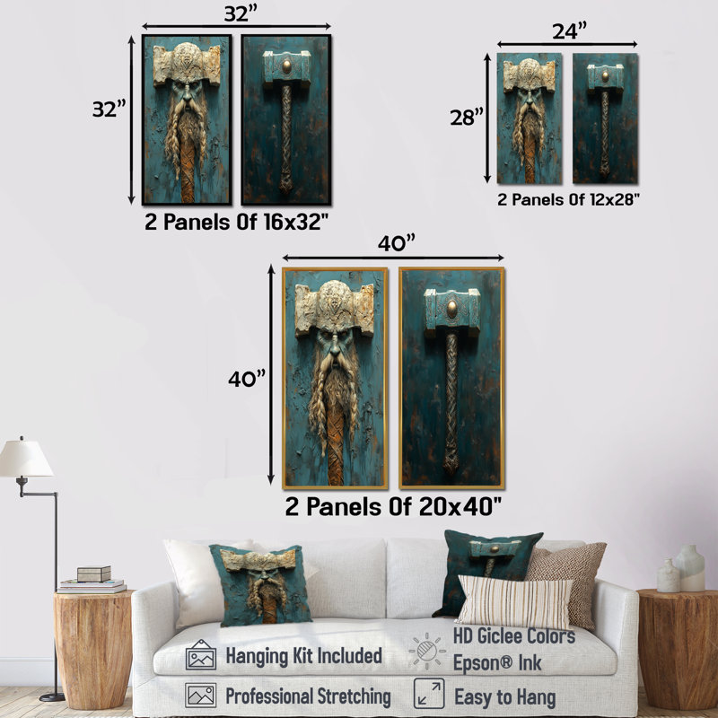 Ensemble d'art mural Thors Hammer I - Vikings Gods, H 40 po x l 40 po, Cadre flottant noir