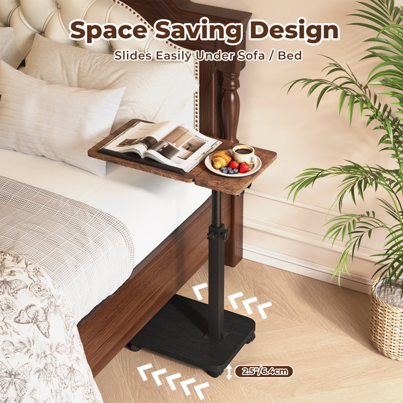 Plateau roulant avec roulettes, table C réglable en hauteur, plateau pivotant à 360 ° inclinable, support ergonomique pour ordinateur portable, table de bout et table d'appoint en bois pour le salon, la chambre à coucher, les petits espaces, brun