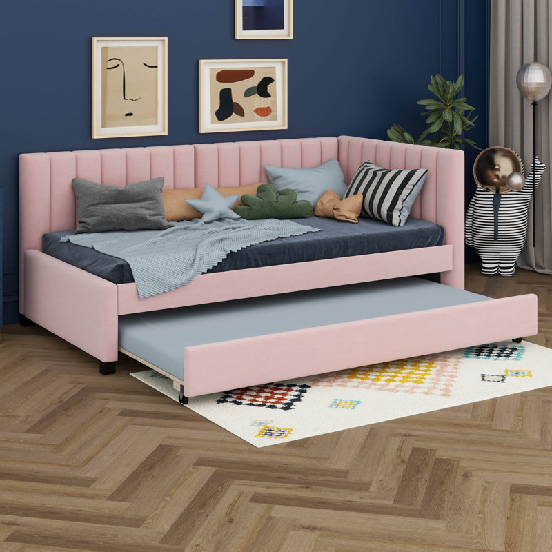 Twin Size Upholstered Daybed With Trundle, Linen Fabric Sofa Bed Frame, No Box Spring Needed, Pink