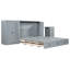 Grand lit avec prise de courant en gris, vaste espace de rangement et mobilier gris accessible, installation massive