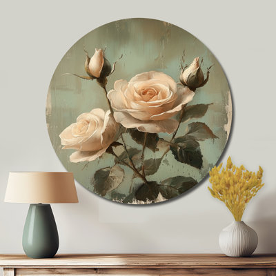 «Rose Green Vintage Garden Roses - Roses», art mural rond en métal, impression moderne en métal rose