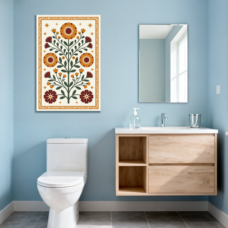 Motif floral de plantes et de fleurs avec des fleurs orange et rouges, H 18 po x l 12 po