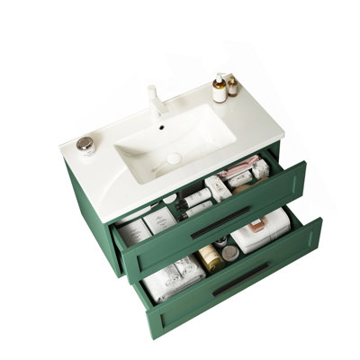 Meuble-lavabo 36 po avec lavabo, meuble-lavabo mural moderne avec 2 tiroirs (sans armoire latérale), lavabo en céramique blanc sans robinet, couleur verte
