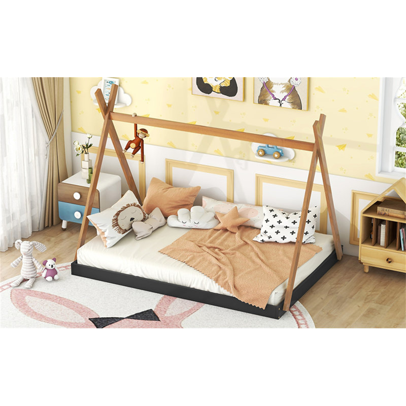 Tent Floor Bed With Triangle Structure, Black/Brown, Full
