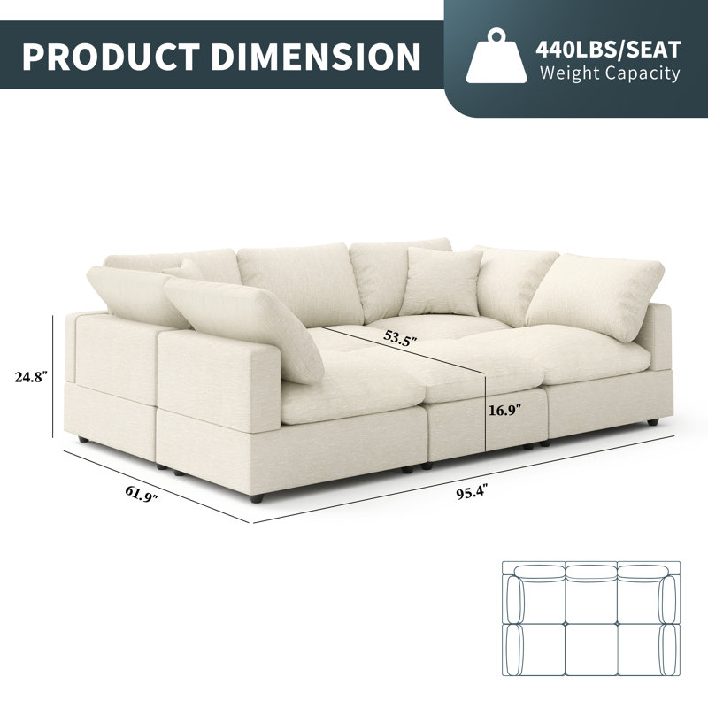 Normunds 95.4'' Upholstered Sofa, Cloud Sofa, 6 Seat Sectional Sofa Couch Modular  Sofa for Living Room Apartment, Beige