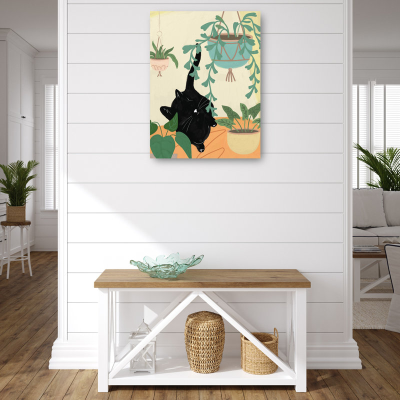 Black Cat in Greenery Canvas Art Print, 14" x 11"