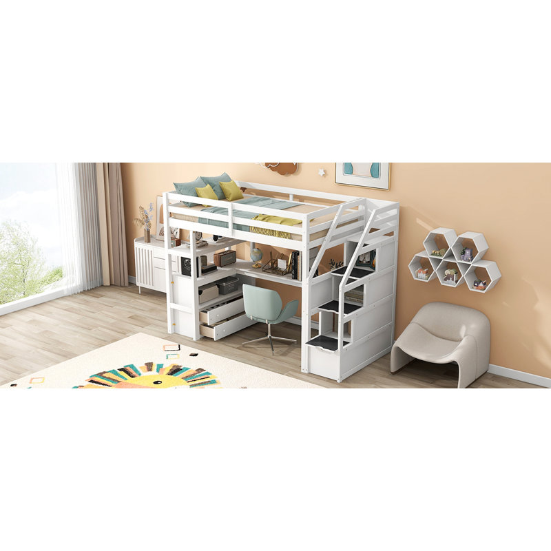 Lit mezzanine double gris avec bureau, tablettes, tablettes pratiques de rangement, Gris, Lit double