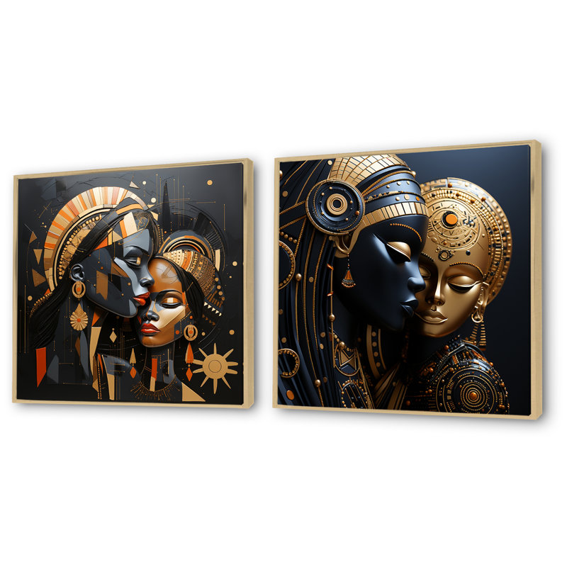Cubisme noir et doré, mère africaine I - femme, ensemble de 2 décorations murales afro-américaines, Encadrement brun