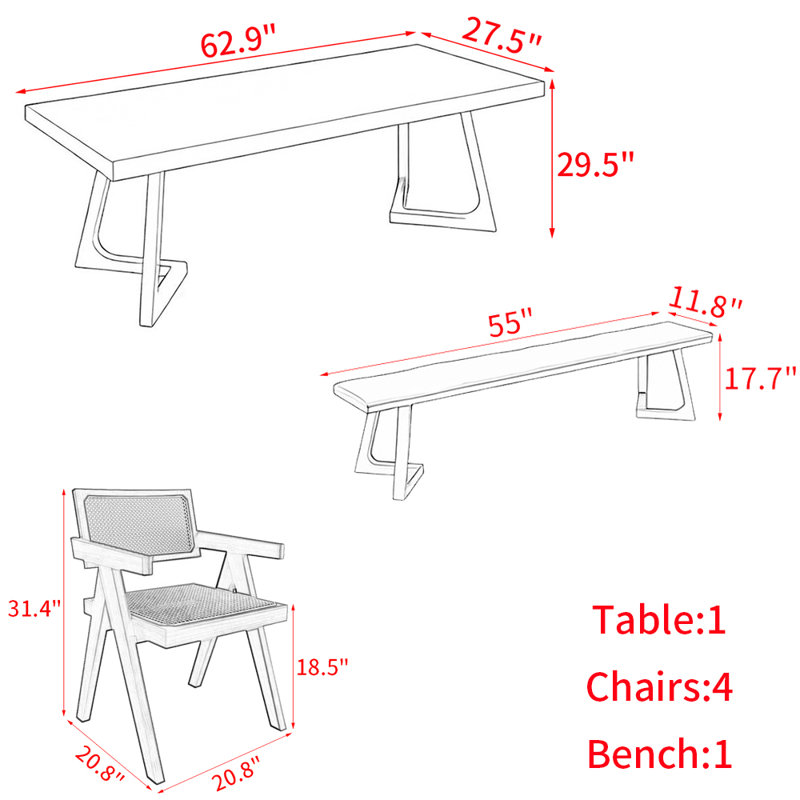 Ensemble de table à manger moderne et simple en bois massif, H 29,5 po x L 62,9 po x l 27,5 po