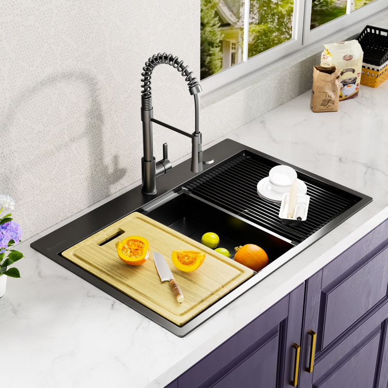 Gunmetal Black Drop-In Workstation Sink, 32X22 Inch, Stainless Steel, With Towel And Clips