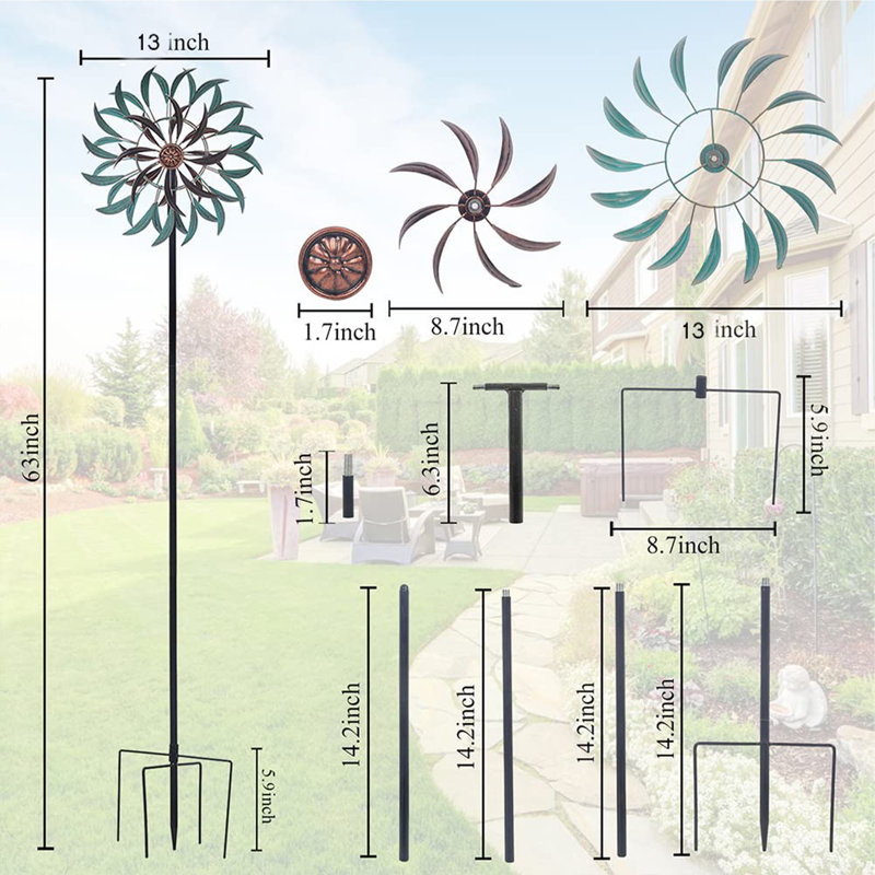 Tourne-vent d'extérieur en métal avec piquet, sculpture de jardin pour la cour, le jardin, le sentier et le jardin, H 63 po x l 13 po