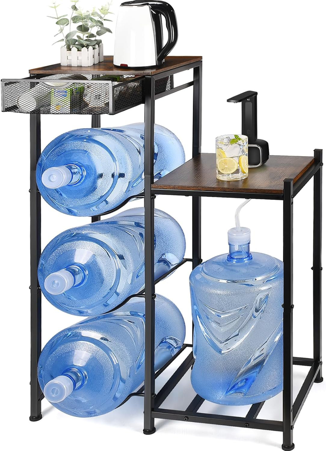 Porte-bouteilles Eau 5 Gallons - Support 3 Niveaux - Métal Noir - Pour Maison/bureau