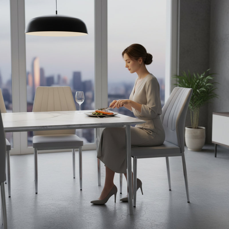 Ensemble de 4 chaises de salle à manger gris clair et argentées, 37 pouces de haut, avec dossier ergonomique en polyuréthane. | Idée de cadeau