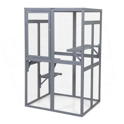 Catio en bois, enclos pour chat extérieur, maisonnette pour chat avec plateformes, planche de soleil, hamac, porte, cage de chaton, gris