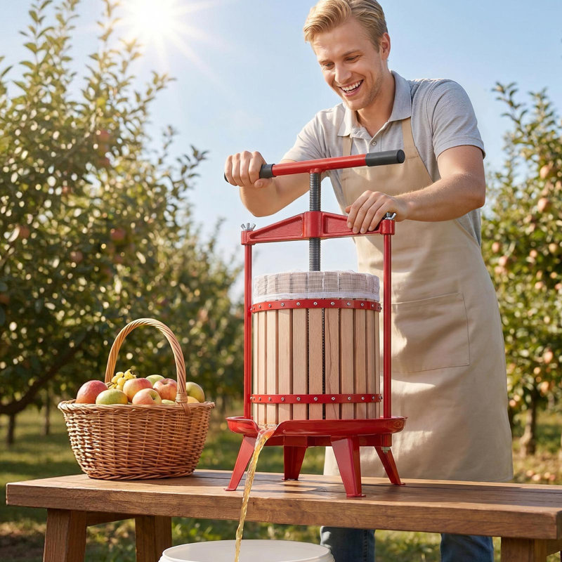 Pressoir à fruits, machine à jus de fruits manuelle de 4,75 gallons / 18 litres, panier en bois de hêtre massif, presse-agrumes traditionnel rétro avec 2 sacs filtrants, poignée robuste en forme de T pour pressoir à cidre, cuisine maison