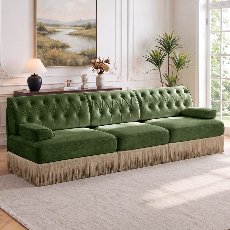 Canapé Chesterfield en velours de 106 po avec jupe à franges, Velours vert, 3