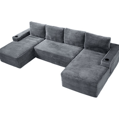 Canapé modulaire compressible en U en velours côtelé à 6 places avec porte-gobelets antidérapants et poches latérales, sans assemblage pour le week-end