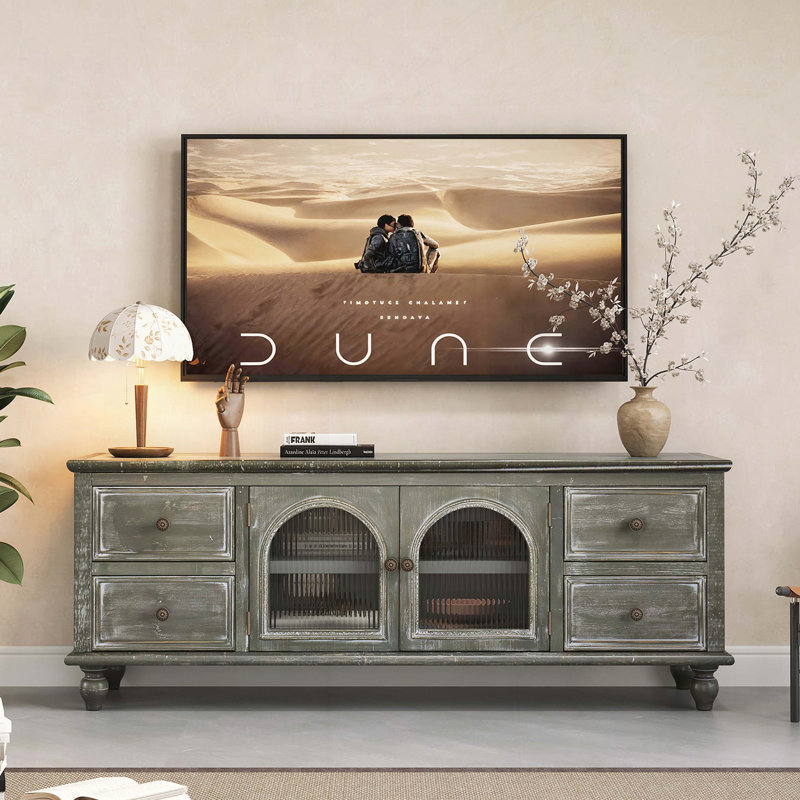 Meuble télé Farmhouse avec 4 tiroirs et portes en verre, Black/Grey