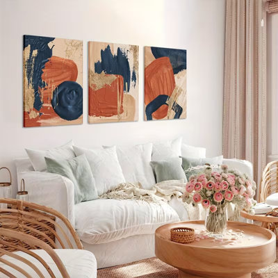 Modern Abstract Navy Terracotta 3-Piece Set Wall Art Giclée Print 16" H x 36" W - Living Room Decor