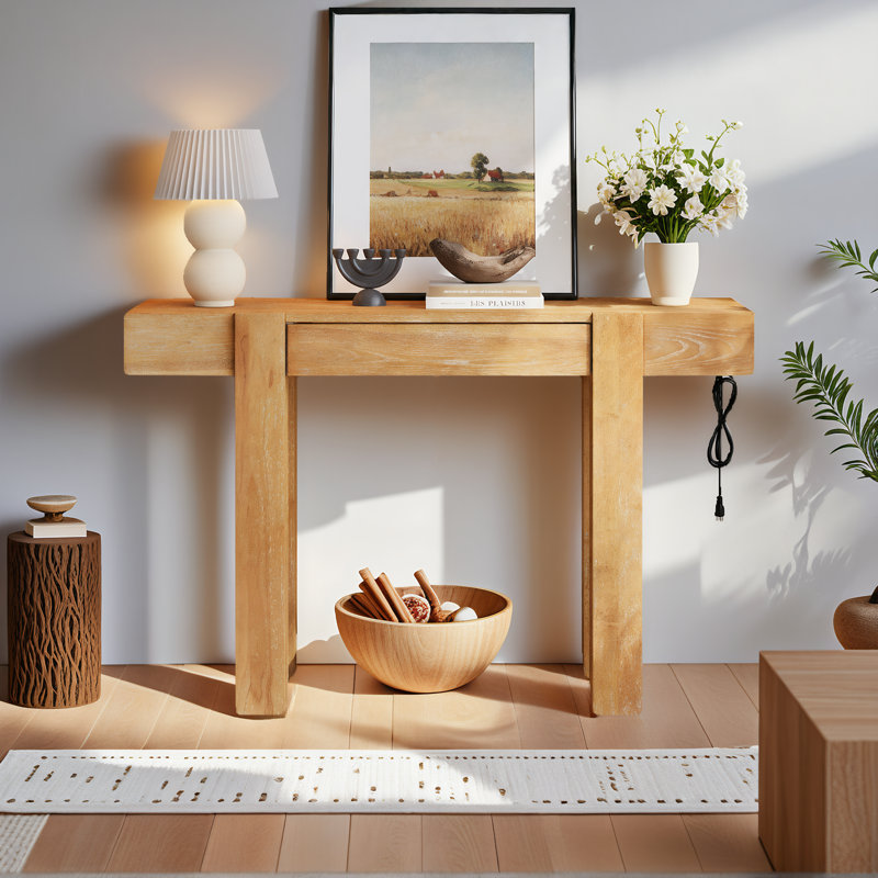 Table d'entrée rustique avec prises de courant et rangement dissimulé, Naturel, Naturel, Naturel