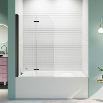 Porte de baignoire pivotante et pliante sans cadre, 86 cm (L) x 147 cm (H), en verre trempé transparent SGCC de 6 mm d'épaisseur, panneau de porte de douche/baignoire pivotant et pliant, installation réversible, finition noire mate