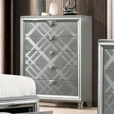 Contemporary Style 1Pc Chest Acrylic Legs Embossed Art Deco Diamond Faux Drawers Handles Silver Finish
