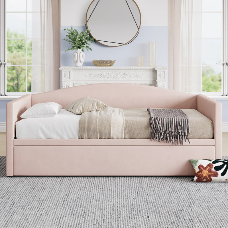 Horta Twin Size Daybed with Extended Pop Up Trundle, Pink