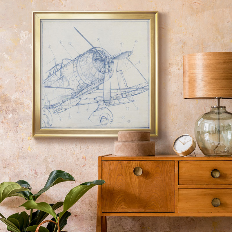 Airplane Mechanical Sketch I - Single Picture Frame Canvas, Gold Framed Canvas, 16" H x 16" W x 1" D, No Mat
