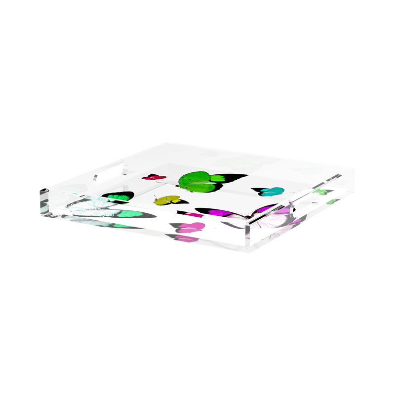 Butterflies Acrylic Square Decorative Tray, 15" W x 15" D x 2" H, Acid Green
