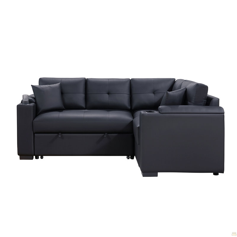 PVC Fabric Sleeper Sectional With USB Charger And Storage Arms, Black