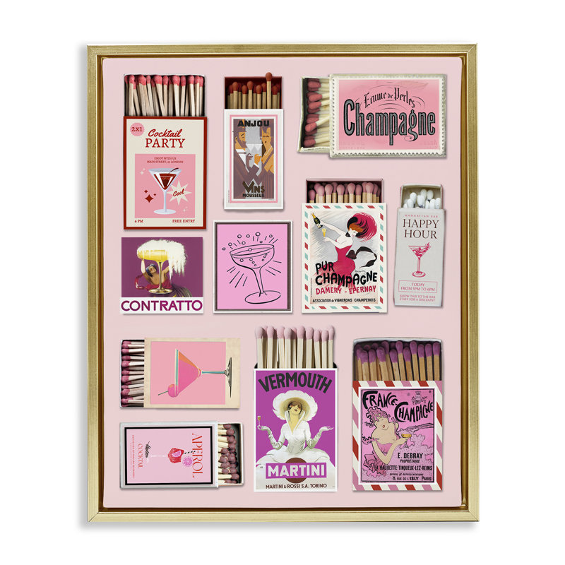 Champagne & Cocktail Matchboxes Floating Frame, design by CAD Designs, 21" H x 17" W, Metallic Gold Floater Framed