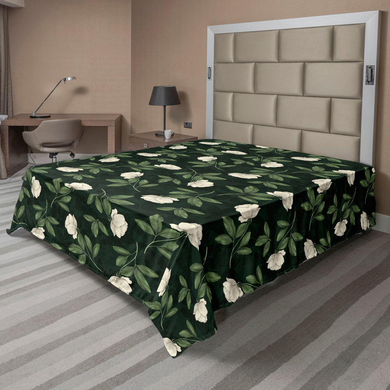 Ambesonne Flowers Flat Sheet Nostalgia Farmhouse, Reseda Green Ivory