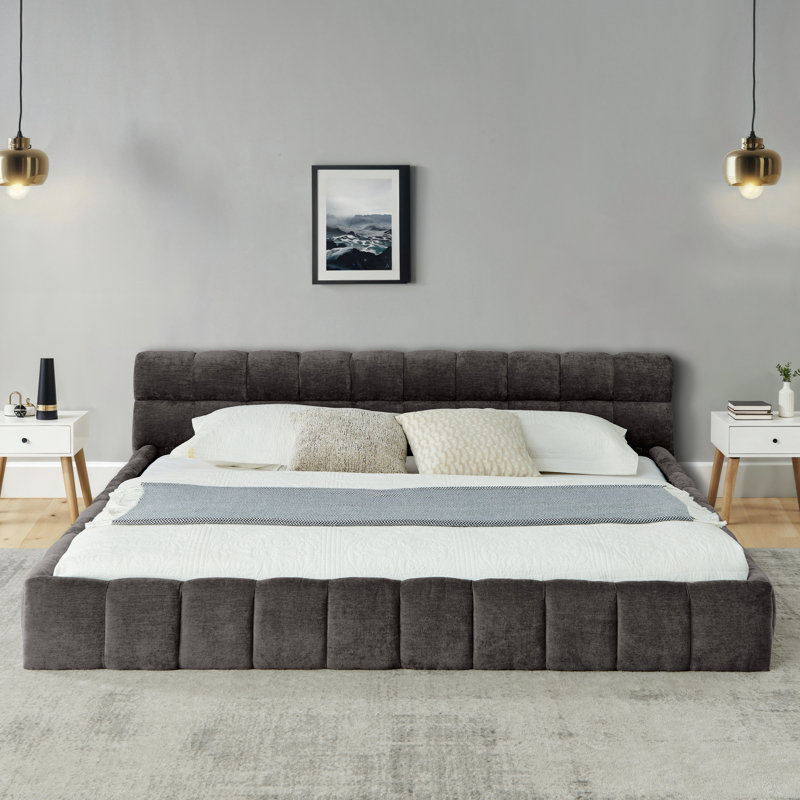 Très grand lit plateforme gris foncé avec un tissu épais, une tête de lit et une expérience de repos confortable, aucun sommier tapissier n'est nécessaire