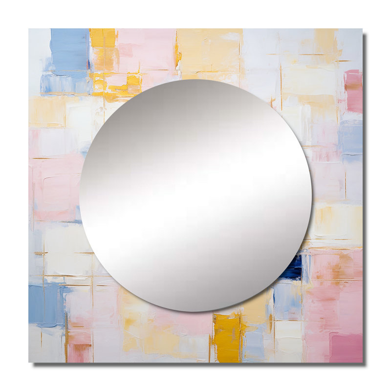 Timeless Moments en rose pastel, jaune et bleu - Miroir carré abstrait mural pour chambre à coucher, 29 po x 29 po